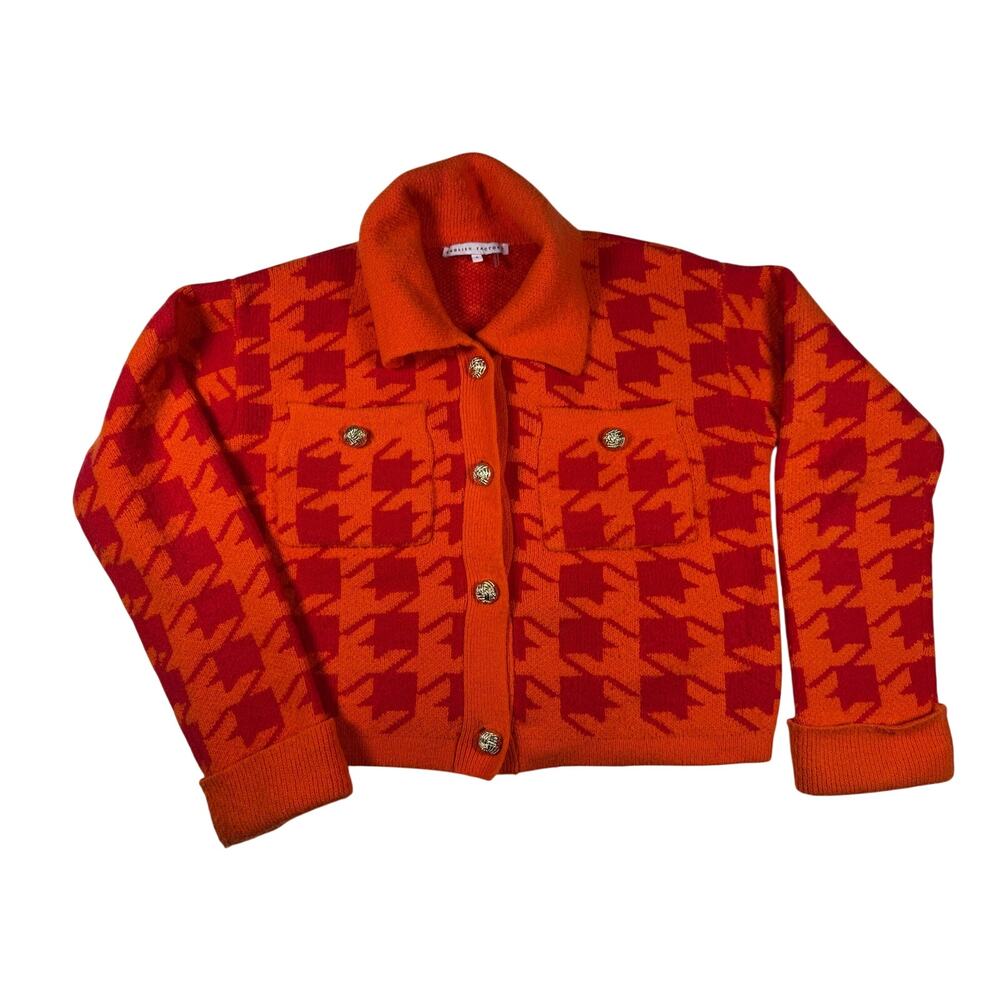 English Factory Houndstooth Cardigan Sweater Small Orange Red Gold Buttons